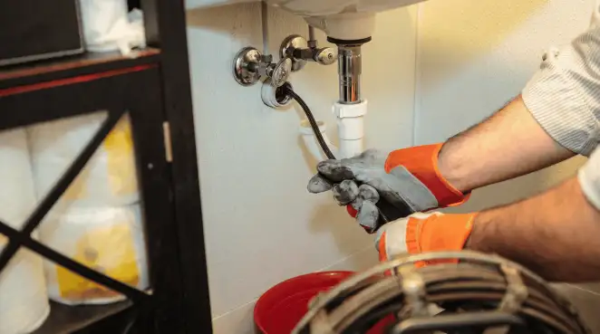 Drain cleaning technician using a motorized plumbing snake to clear a clogged sink pipe in New Haven, CT